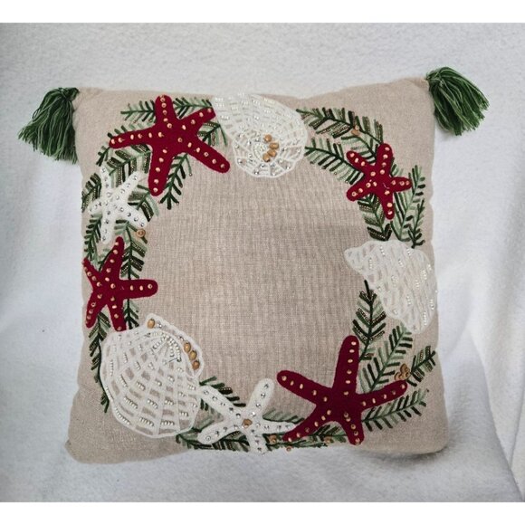 Coastal-Themed Embroidered Linen Throw Pillow with Tassels & Shell Design - Picture 2 of 10